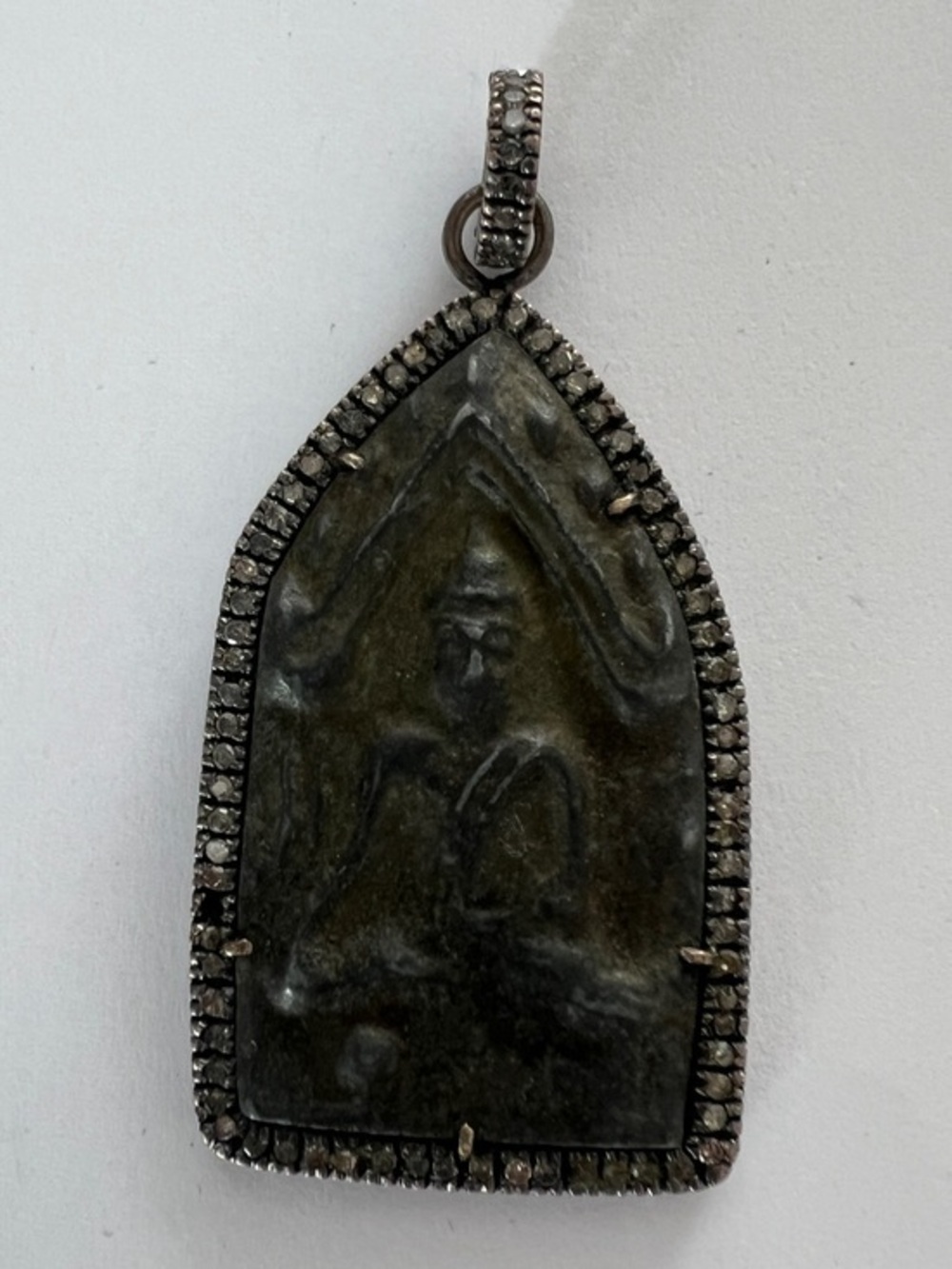 The Woods Fine Jewelry - Buddha pendant with pave border and clasp- 2.75“ long